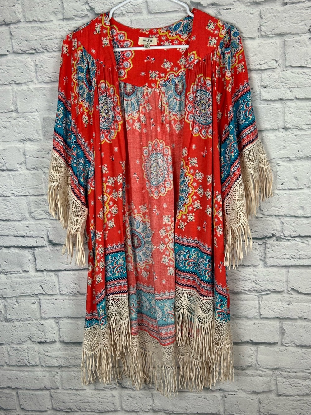 Umgee Boho Fringe Kimono Cover Up Coral Medallion Print S/M - Picture 2 of 7
